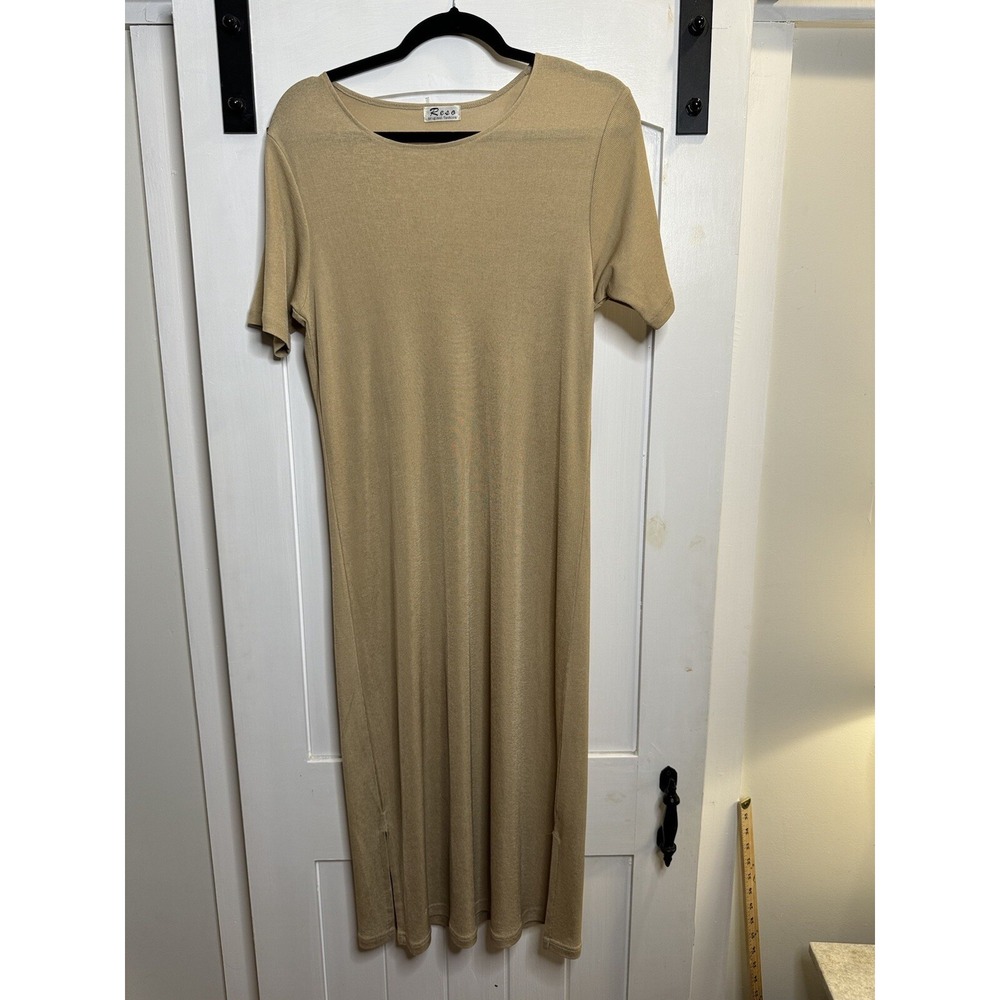 Resa Midi Dress Womens Medium Bodycon Slinky Knit Gold Short Sleeve Sweater